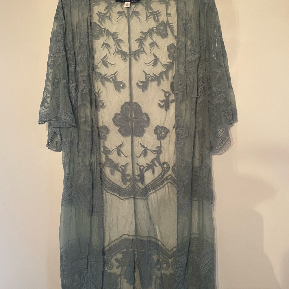 Sheer Embroidered Kimono Robe - Sage Green